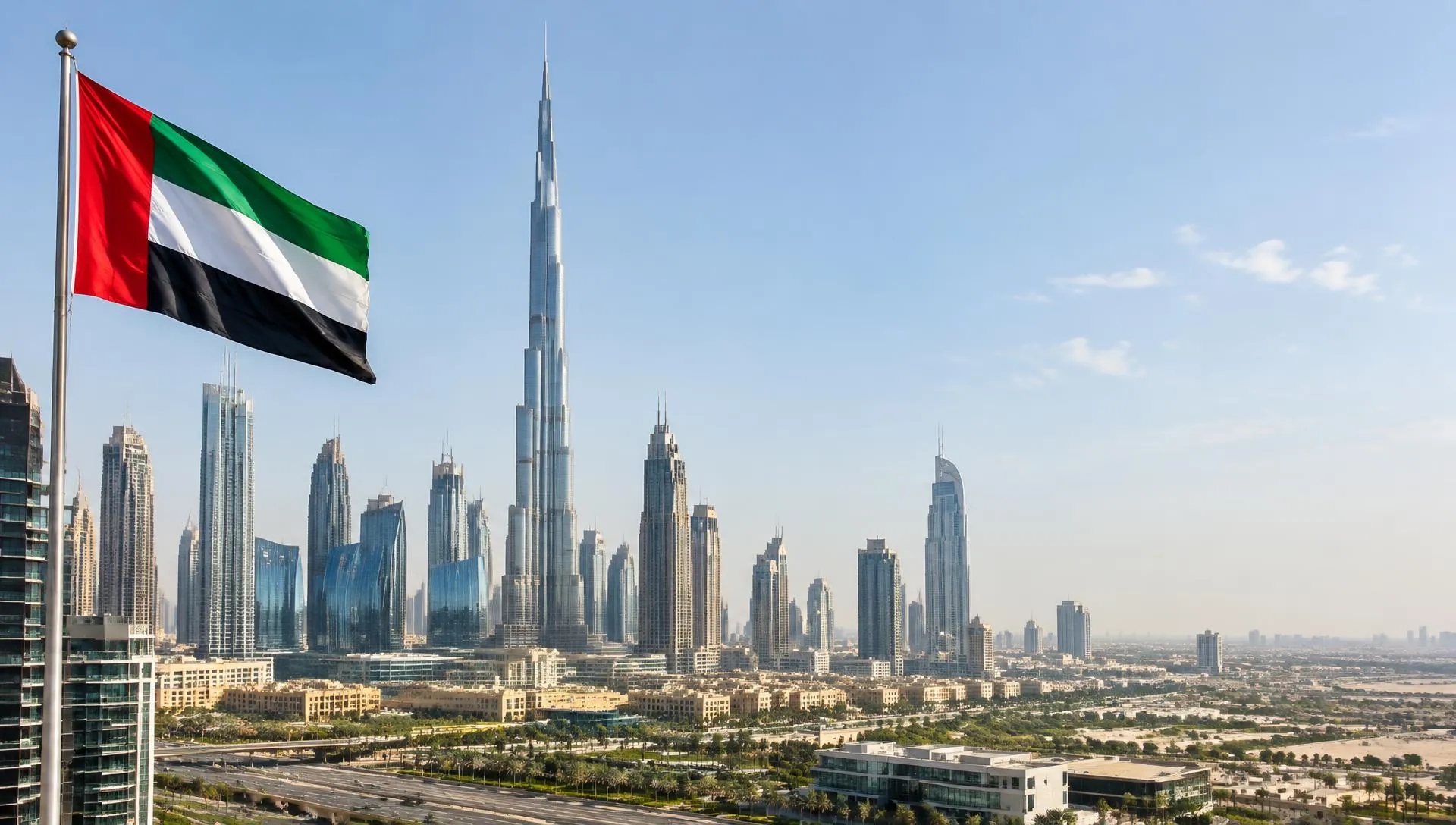 أفق مدينة دبي وبرواز دبي عند الغروب